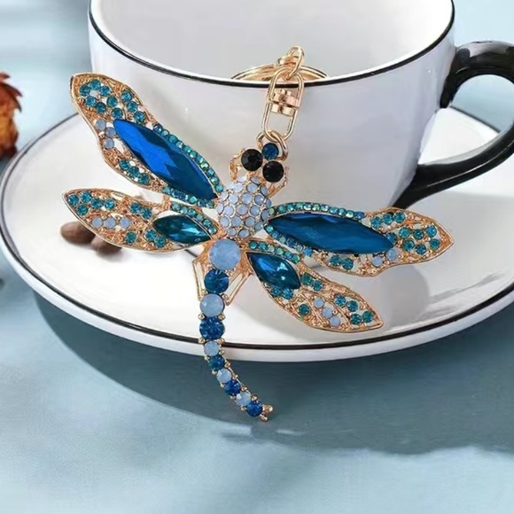 Accessories - NWT DRAGONFLY BAG CHARM KEY RING GEMSTONE BLING BLUE GOLD KING RING